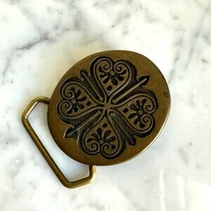 Vintage BTS Solid Brass Belt Buckle Made in USA Clover Floral Design